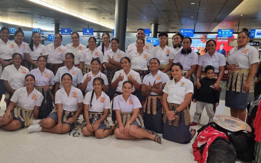 The Tonga women's team arriving at Auckland Airport on Thursday night.