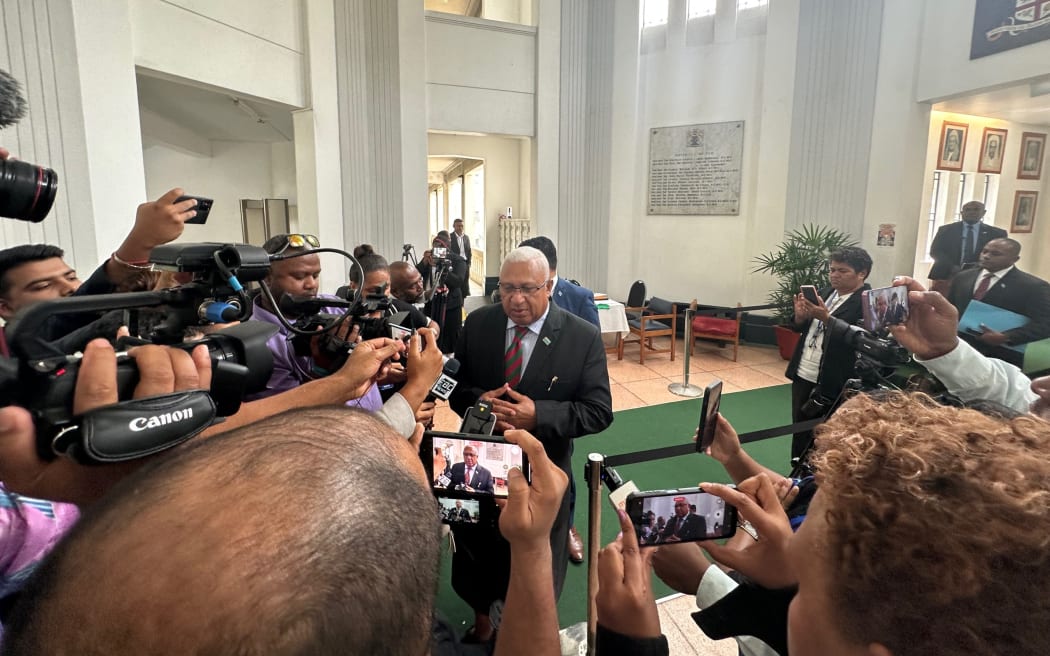 Former Fiji prime minister, Frank Bainimarama speaks to journalists