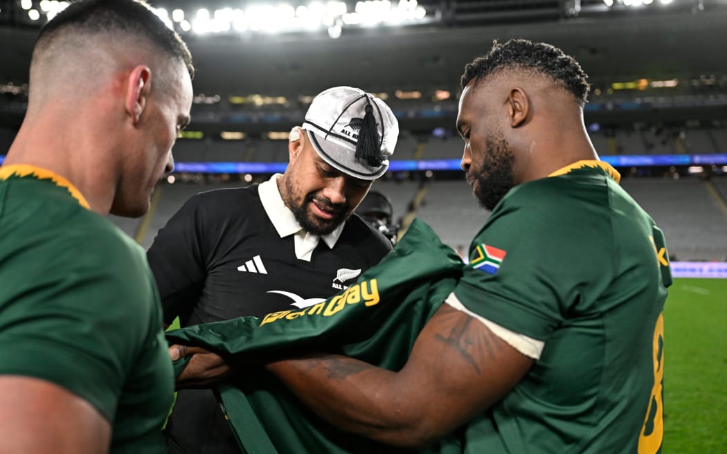 Ardie Savea (vice captain) of New Zealand and Siya Kolisi and Jesse Kriel of South Africa.
