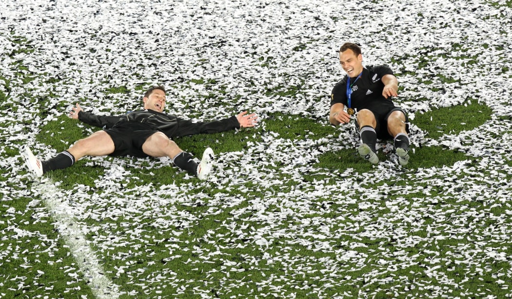The players celebrate winning the Rugby World Cup at Eden Park.