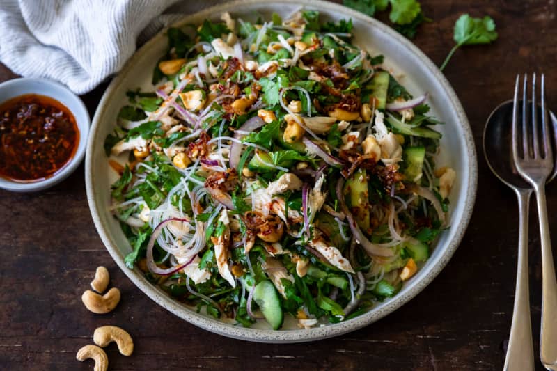 A platter of Chicken, coriander and cashew salad with chilli crisp dressing.