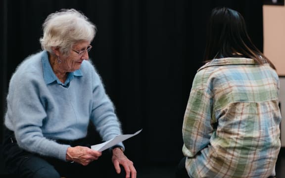 Two actors onstage in a production by the Wellington public theatre company Voice Arts
