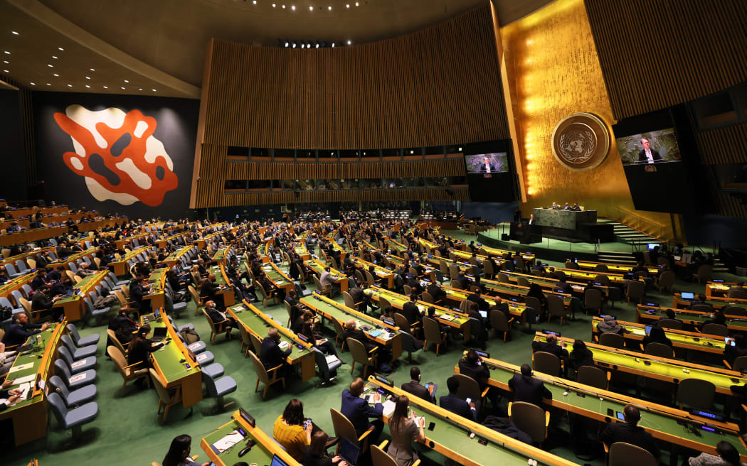 Members of the UN Security Council listen to Sergiy Kyslytsya, Permanent Representative of Ukraine to the United Nations during a special session of the General Assembly in February.