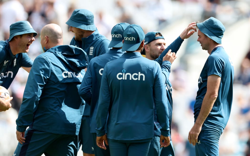 James Anderson of England has his head flicked by Brendon McCullum the coach after messing up in the football warm up in 5th Ashes Test at The Oval, 2023.