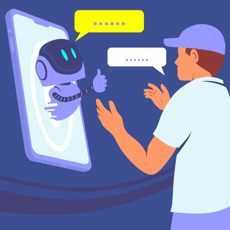 An illustration of person interacting with chatbot on phone.