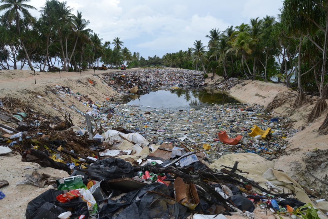 Photo looking down rectangular rubbish dump with palms on either side