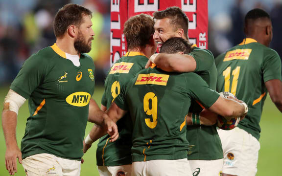 Handre Pollard celebrates with Springboks teammate Cobus Reinach (9) after he scored a try against Georgia in their test at Loftus Stadium, Pretoria on 02 July 2021