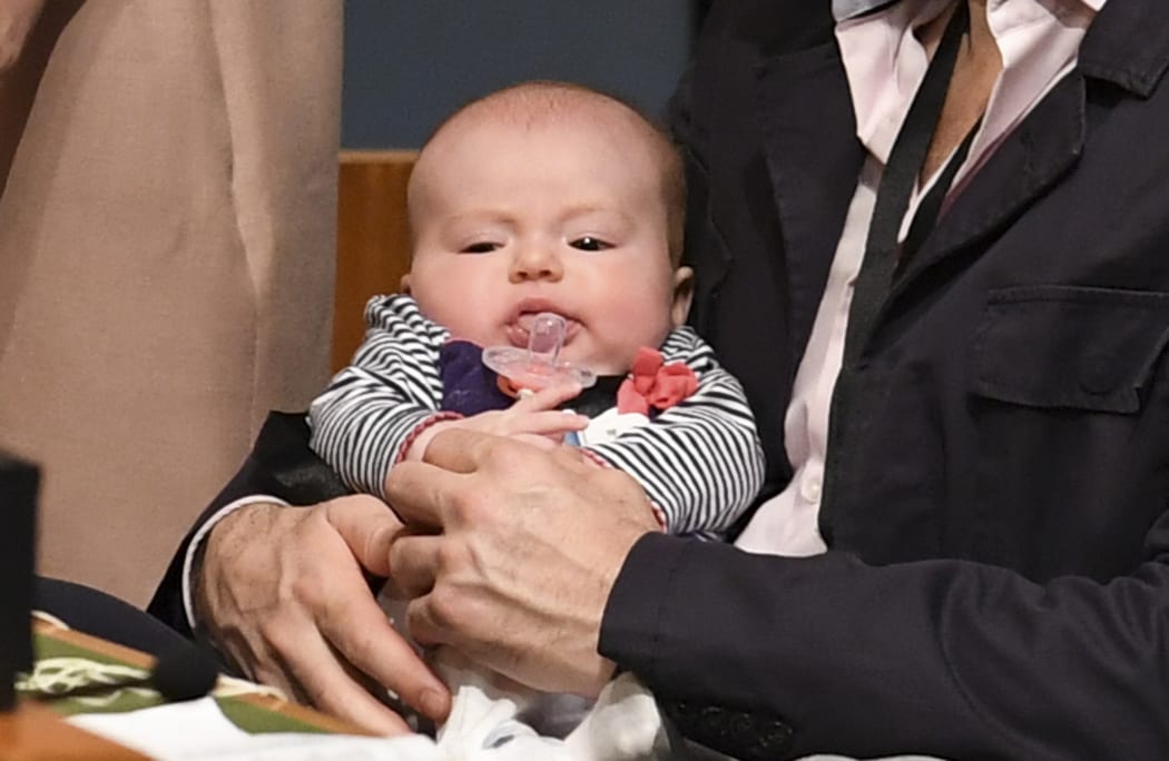 Jacinda Ardern looks on at her daughter Neve Te Aroha Ardern Gayford at the United Nations in New York in 2018.