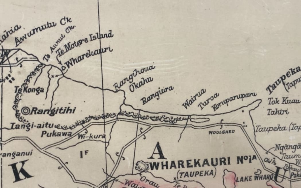 Close up picture of a survey map from 1868, with the area where the waka was discovered is labelled as Rangihoua