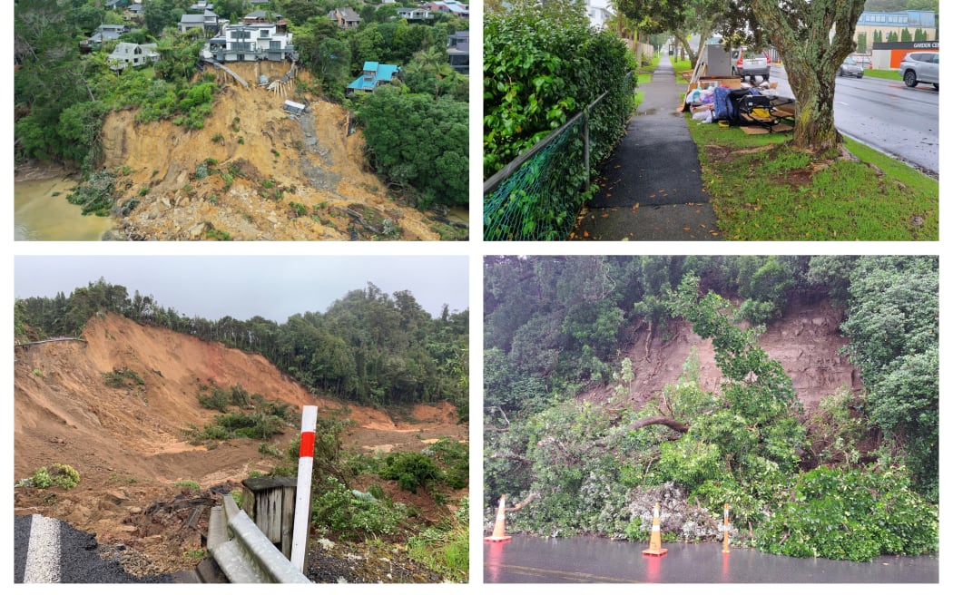Images show damage and debris following torrential rains across Auckland and the upper North Island in January 2023. Clockwise from top left: A slip is seen below a house in Beach Haven on Auckland's North Shore, debris piled up on the roadside in Browns Bay, trees at the bottom of a slip on Ngapipi Road in Ōrākei, damage to SH25A on the Coromandel Peninsula.