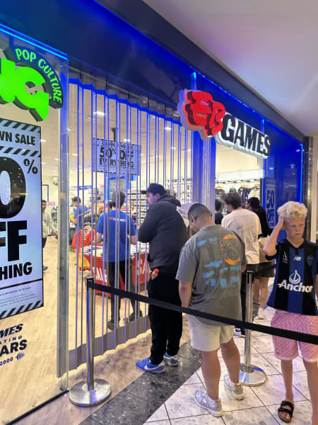 Queues formed outside of EB Games in Auckland's St Lukes on 15 January, 2026 as the business prepares for closure.
