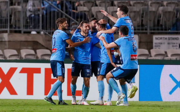Kosta Barbarouses of Sydney FC celebrates with teammates after scoring during the A-League match against the Wellington Phoenix at Netstrata Jubilee Stadium, Monday 8th February 2021.