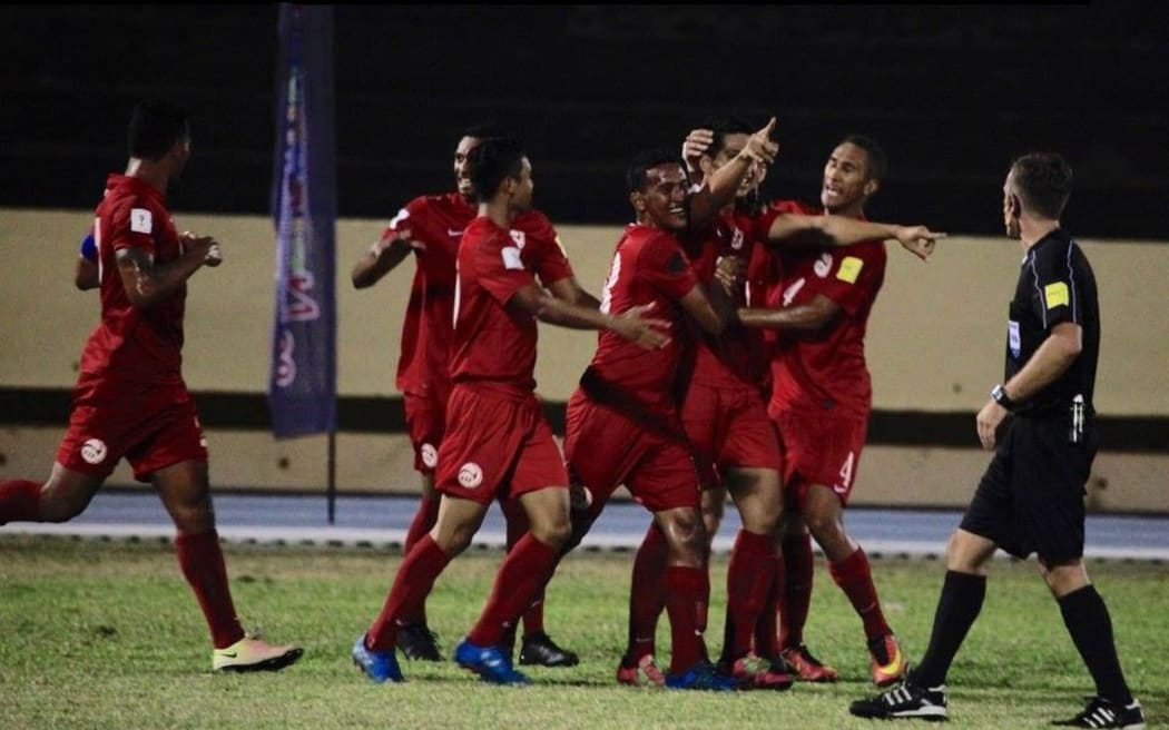 Tahiti celebrate Tauhiti Keck's match-winner against Solomon Islands.