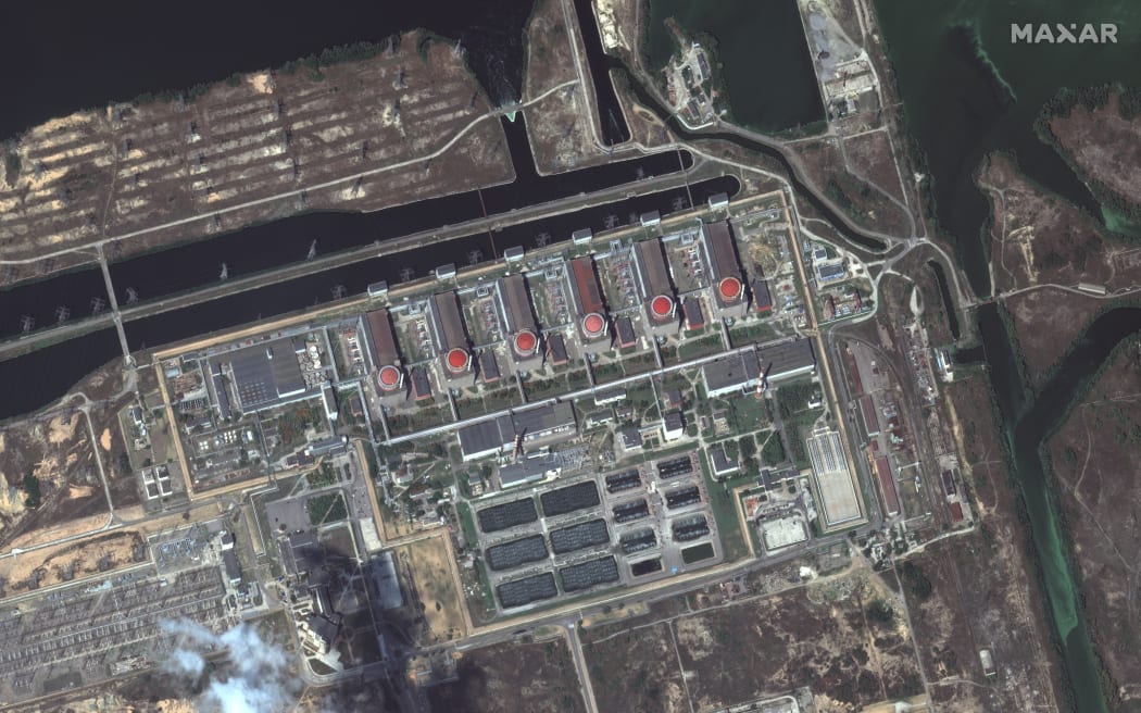 This handout satellite image courtesy of Maxar Technologies released on August 19, 2022, shows the Zaporizhzhia nuclear power plant, situated in the Russian-controlled area of Enerhodar, eastern Ukraine.