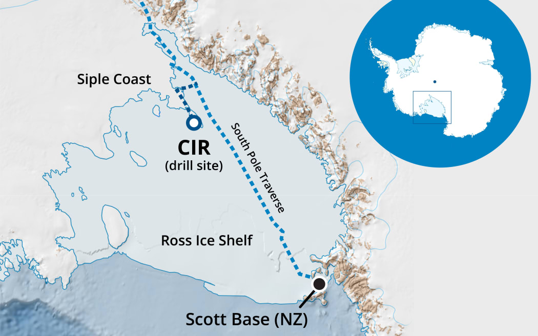 A map showing the location of the Crary Ice Rise in relation to the rest of Antarctica, with a dotted line showing the traverse the expedition team completed to get from Scott Base to the field camp and drilling site.