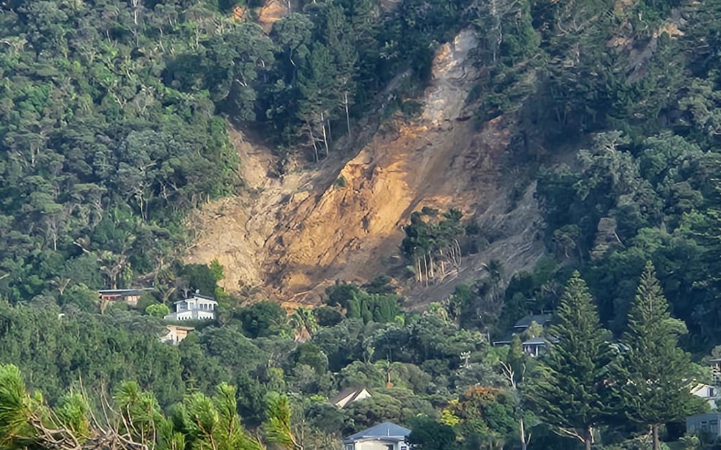 Slips at Muriwai following Cyclone Gabrielle.