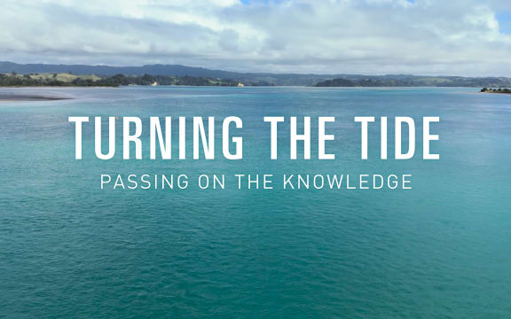 Drone shot of blue sea with land in distance.  Text reads "Turning The Tide: Passing on the knowledge"