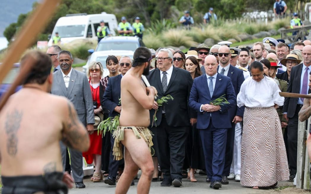 Prime Minister Christopher Luxon is welcomed on to Ōnuku marae.