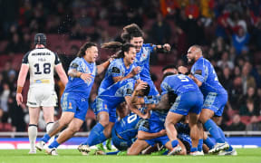 Picture by Will Palmer/SWpix.com - 12/11/2022 - Rugby League - Rugby League World Cup 2021 - Semi Final - England v Samoa - Emirates Stadium, London, England - Samoa celebrate their 2021 Rugby League World Cup Semi Final win over England