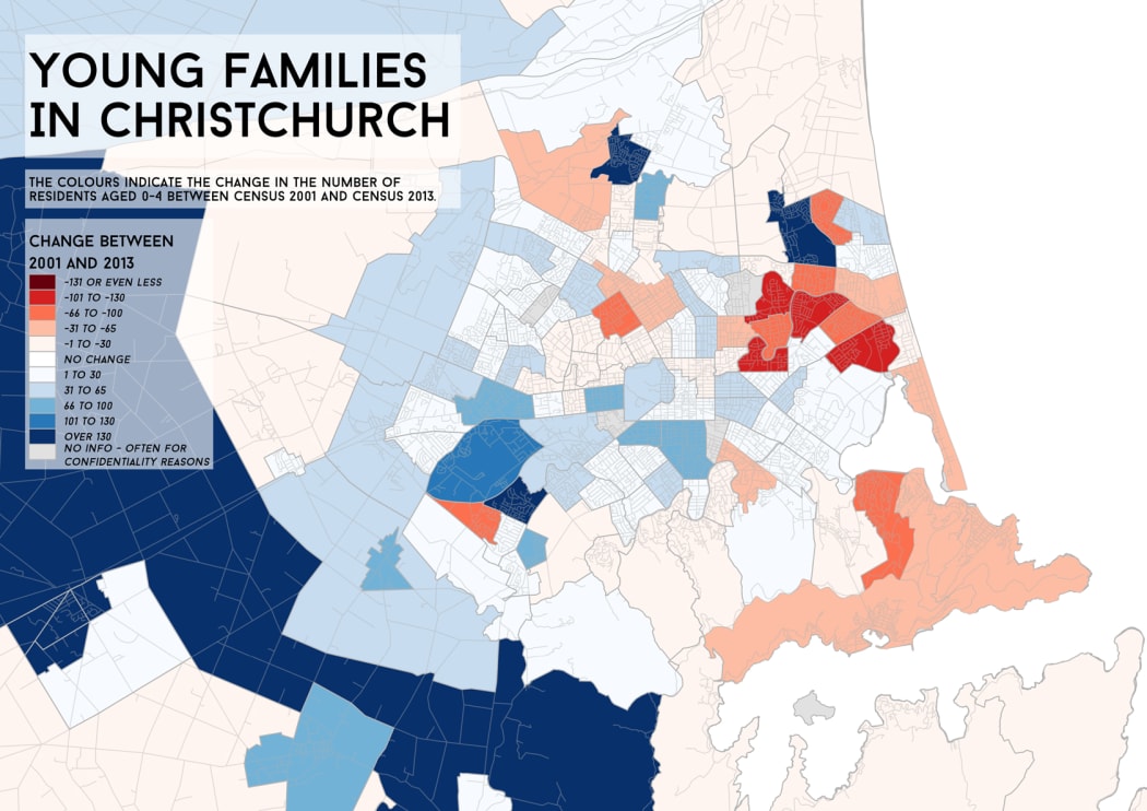 A map showing where young families are in Christchurch