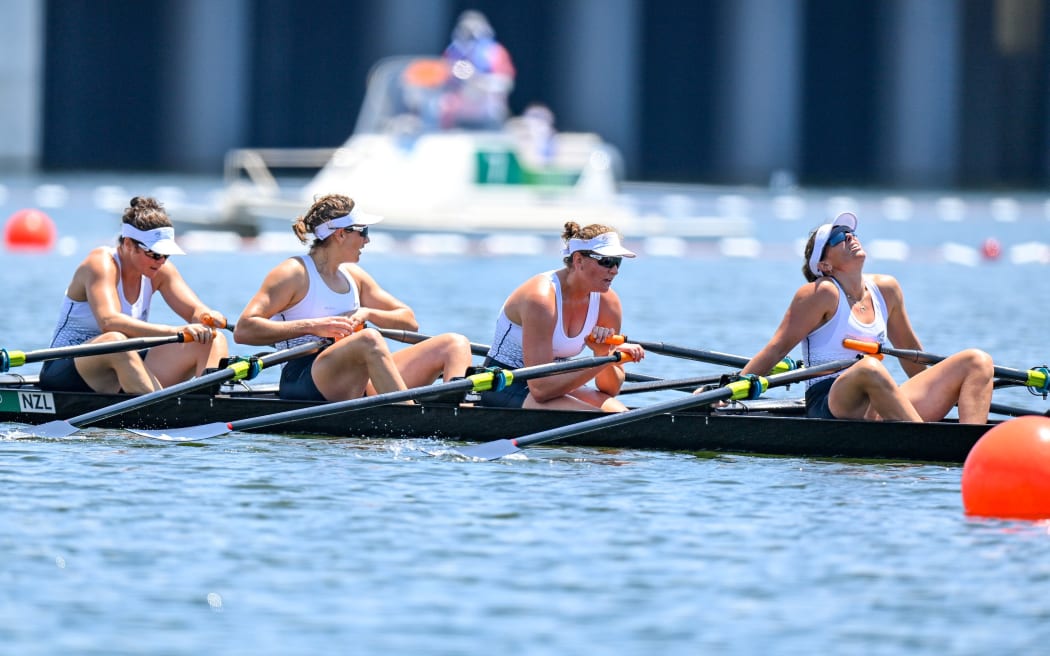 Olivia Loe, Eve MacFarlane, Georgia Nugent-O Leary, Ruby Tew, New Zealand Women's Quadruple sculls competing in the qualification rowing races at the Sea Forest Waterway, Koto, Japan, during the Tokyo 2020 Olympic Games. Sunday 25 July 2021.