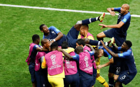 Paul Pogba (6) of France celebrates with his teammates after a goal during the 2018 FIFA World Cup Russia final match between France and Croatia at the Luzhniki Stadium in Moscow, Russia.