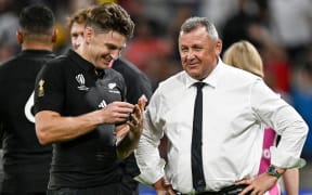 Beauden Barrett of New Zealand and New Zealand coach Ian Foster after the game. Rugby World Cup France 2023, New Zealand All Blacks v Italy, Pool A match at  OL Stadium, Lyon, France on Friday 29 September 2023. Mandatory credit: Andrew Cornaga / www.photosport.nz