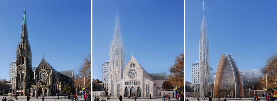 From left: Options are restoration, a traditional church or a contemporary building.