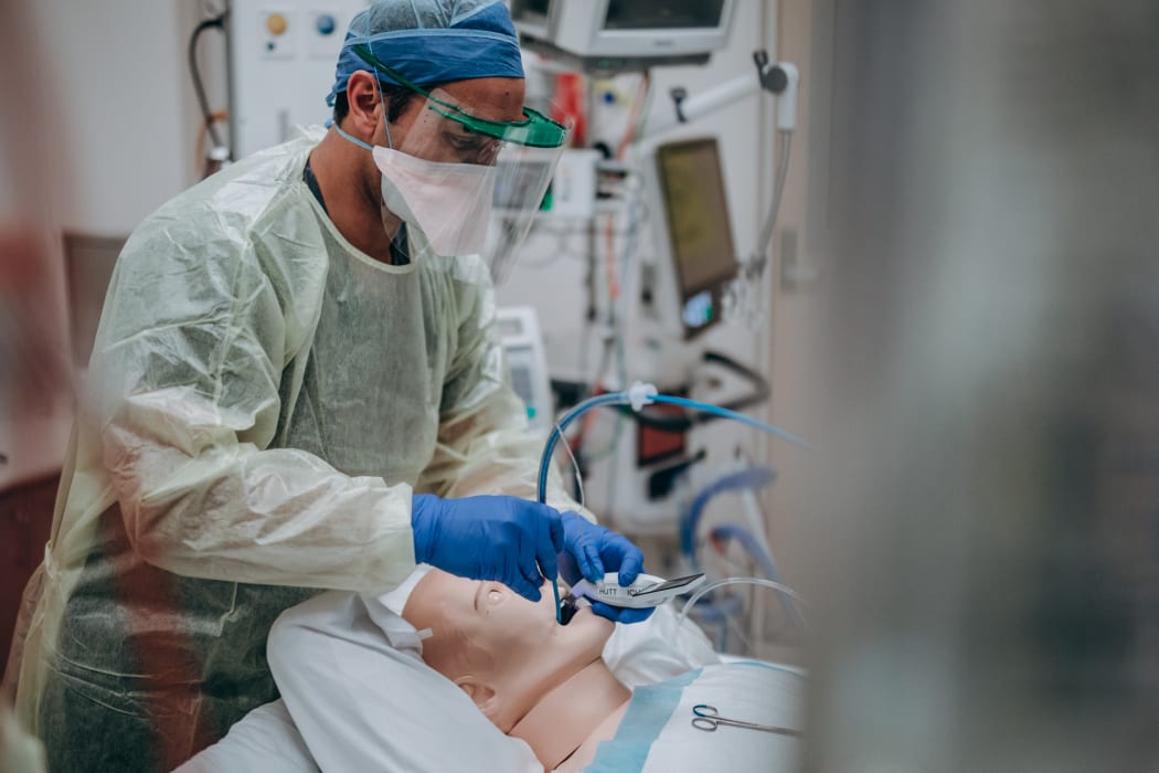Health workers take part in ICU training for Covid-19 at Hutt Hospital.