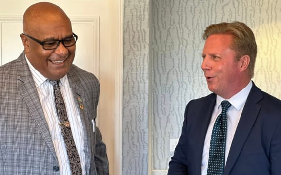Manoa Kamikamica, left, with Todd McClay at the New Zealand–Fiji Business Councils’ Annual Joint Conference. 11 September 2025