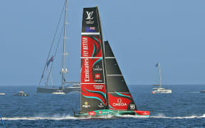 Emirates Team New Zealand and Ineos Britannia compete during race 5 of the Louis Vuitton 37th America's Cup in Barcelona, Spain, on October 16, 2024. (Photo by Joan Valls/Urbanandsport/NurPhoto) (Photo by Urbanandsport / NurPhoto / NurPhoto via AFP)