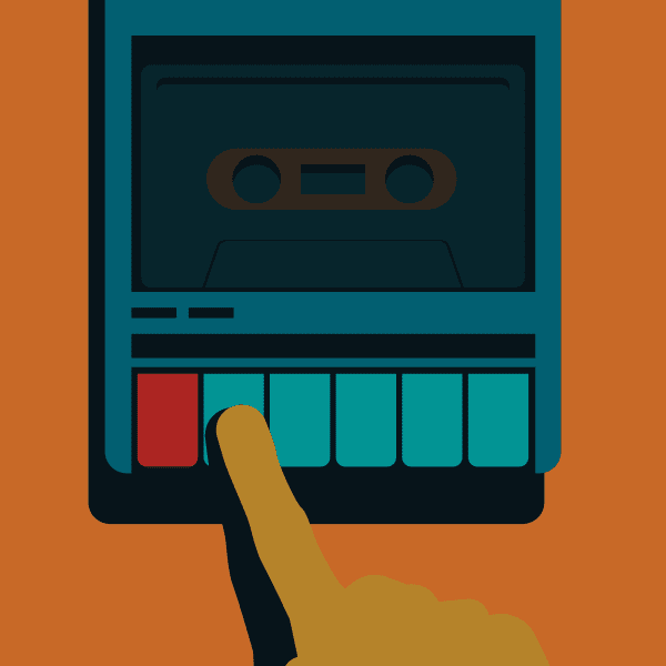 An illustration of a person pushing a button on a tape recorder.