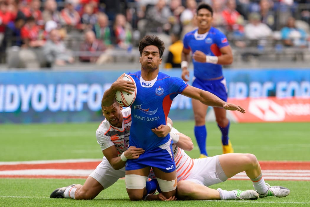 Gordon Langkilde is tackled during the Vancouver Sevens in March.