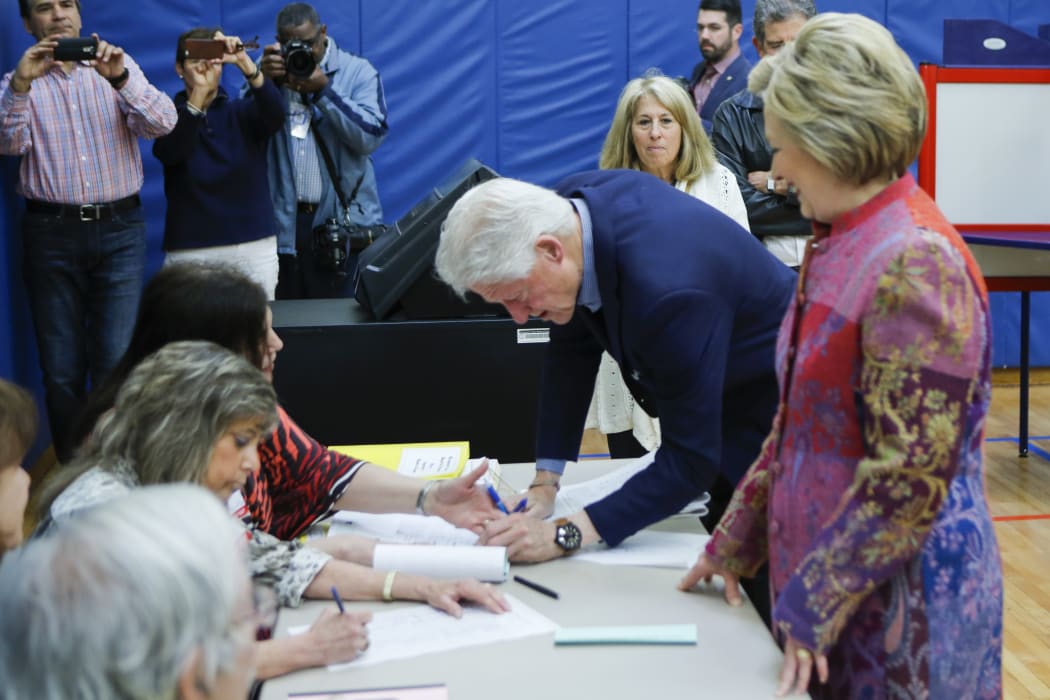 Democratic presidential candidate Hillary Clinton and husband Bill Clinton voting in Chappaqua, New York.
