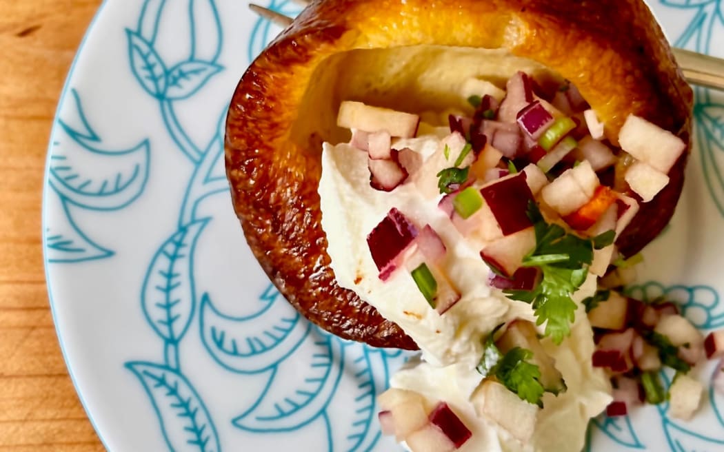 Dutch baby pancakes with whipped feta and apple, chilli and coriander salsa