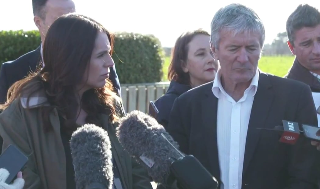 PM Jacinda Ardern and agriculture and biosecurity minister Damian O'Connor addressing reporters in South Canterbury.