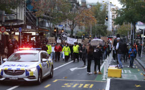 Protesters on Queen Street, Auckland, during a George Floyd / Black Lives Matter march on 1 June.