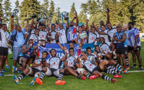 Fiji celebrate winning the 2015 Pacific Nations Cup.