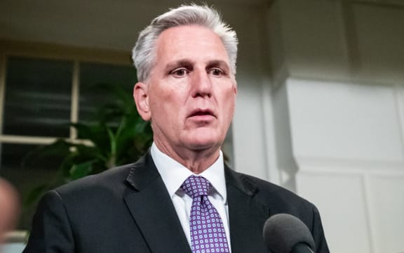 House Speaker Kevin McCarthy (R-CA) talks with reporters following a House Republican conference on fiscal year 2024 appropriations bills, continuing resolutions, and a potential government shutdown.  The House of Representatives has not yet passed appropriations legislation to fund the government beyond September 30, 2023, leaving a shutdown possible as early as Sunday. (Photo by Allison Bailey/NurPhoto) (Photo by Allison Bailey / NurPhoto / NurPhoto via AFP)