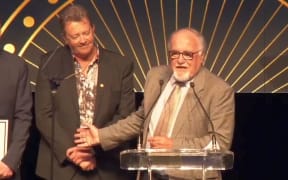 Colin Magee and Glenn Smith picking up the Local Station of the Year prize at the 2023 New Zealand Radio Awards.