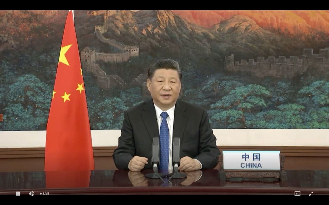 Chinese President Xi Jinping delivers a speech via video link to the opening of the WHO in Geneva