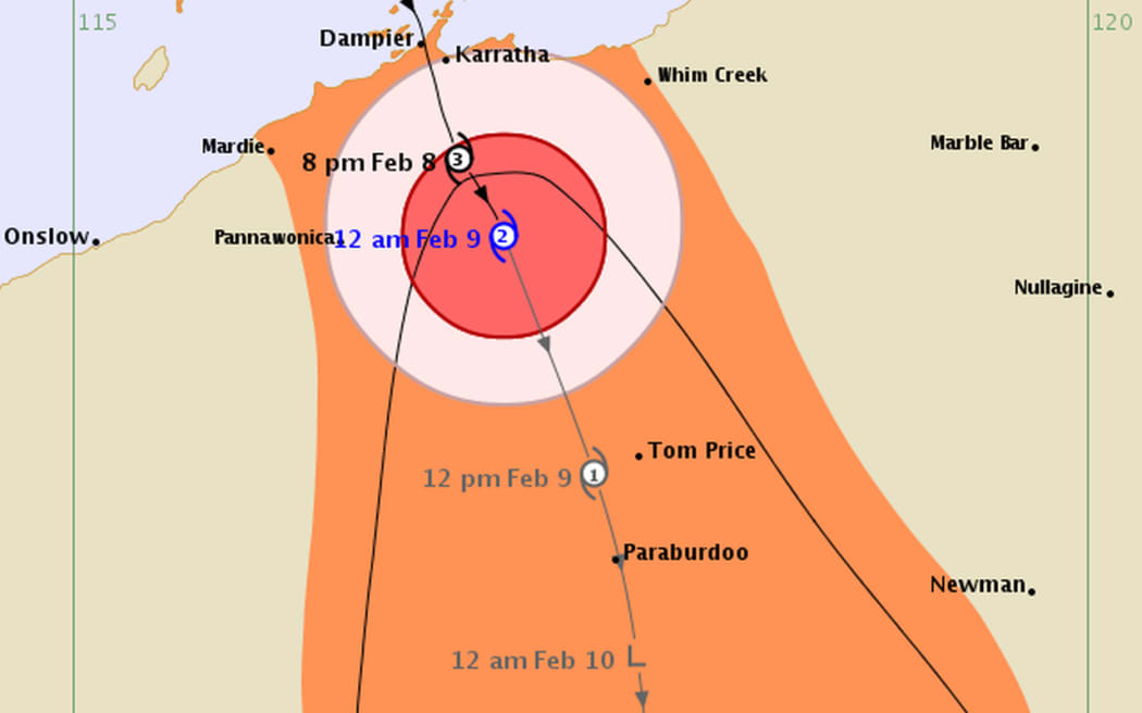 A forecast track map issued by the Bureau of Meteorology at 12:01 am AWST Sunday.