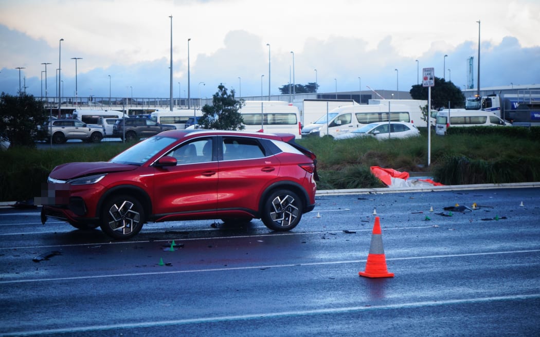 Emergency services at the site of a serious crash near Auckland Airport on 30 July, 2025.