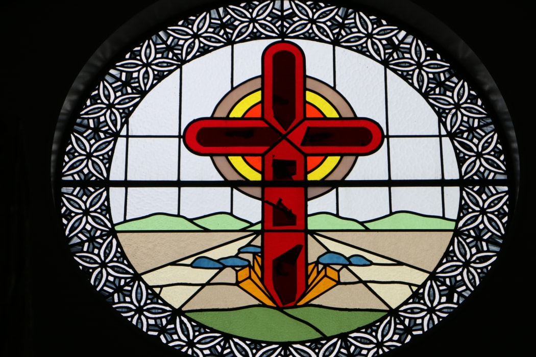 A stained glass window above the entrance to the Samoan Methodist Church in Levin.