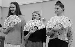 Opera Otago singers L-R: Emma McClean (Pitti-Sing), Rhiannon Cooper (Peep-Bo), Erica Patterson (Yum-Yum)