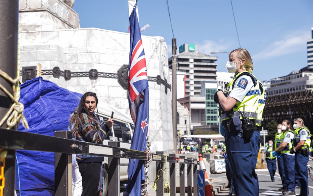 Police at Covid convoy protest - Parliament, Wellington on 24 February.