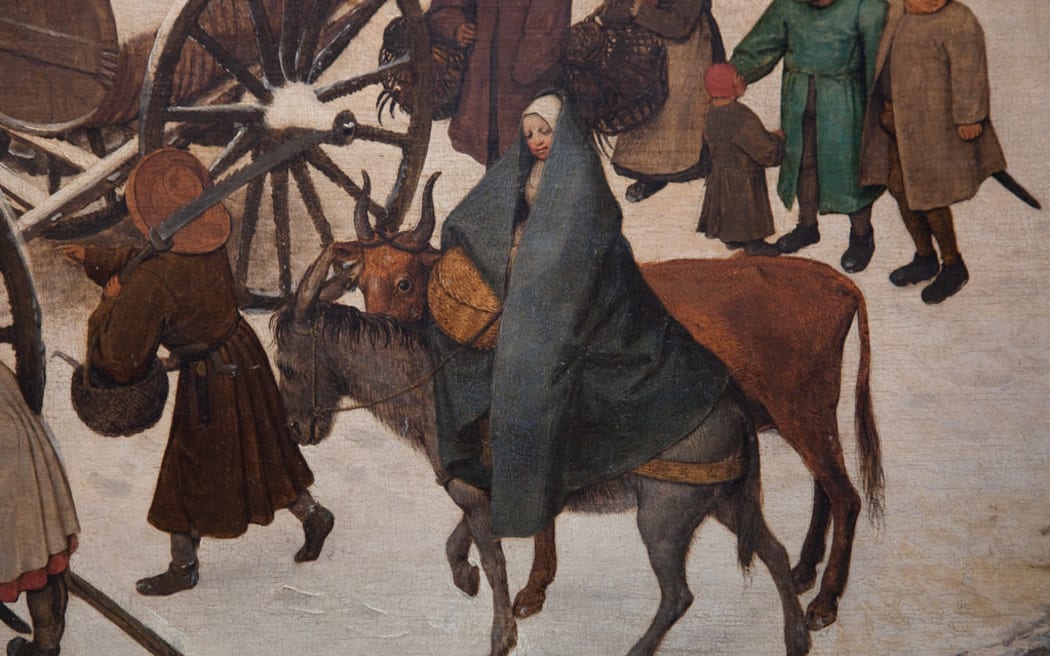 Journey to Bethlehem, detail of Holy Family HR (Peter Brueghel the Elder, Fine Arts Museum Brussels)