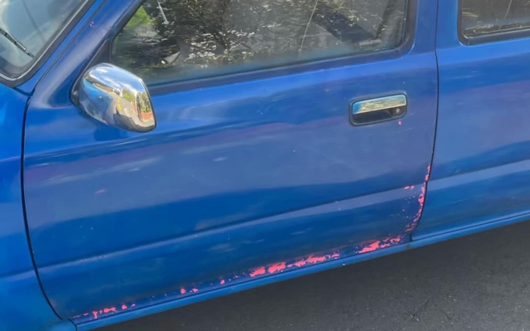 After the ute was stolen it was repainted with thick blue house paint - but the specks of pink on the door were a giveaway.
