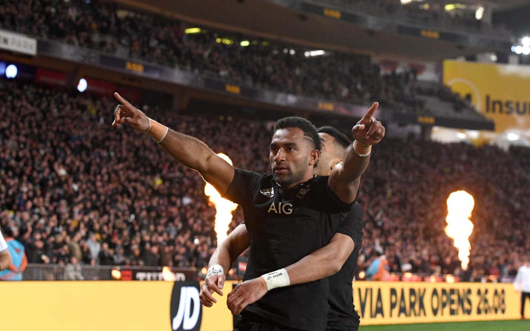 Sevu Reece celebrates scoring a try.
All Blacks v Australia, Bledisloe Cup. Eden Park, Auckland, New Zealand. Saturday 7 August 2021.. © Copyright Photo: Jeremy Ward / www.photosport.nz