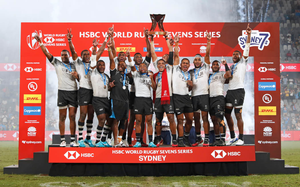 Fiji celebrate their first ever Sydney Sevens title.